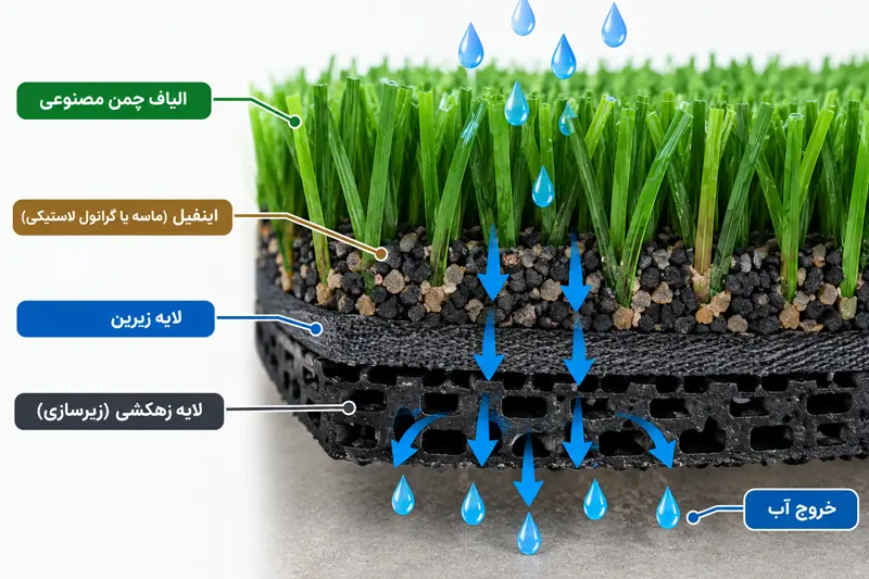 مقطع چمن مصنوعی و مسیر عبور آب از الیاف، اینفیل و لایه زیرین برای جلوگیری از ماندگاری رطوبت و بوی بد