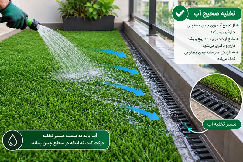 شستشوی چمن مصنوعی در تراس و هدایت آب به سمت مسیر تخلیه برای جلوگیری از تجمع آب و رطوبت روی سطح چمن