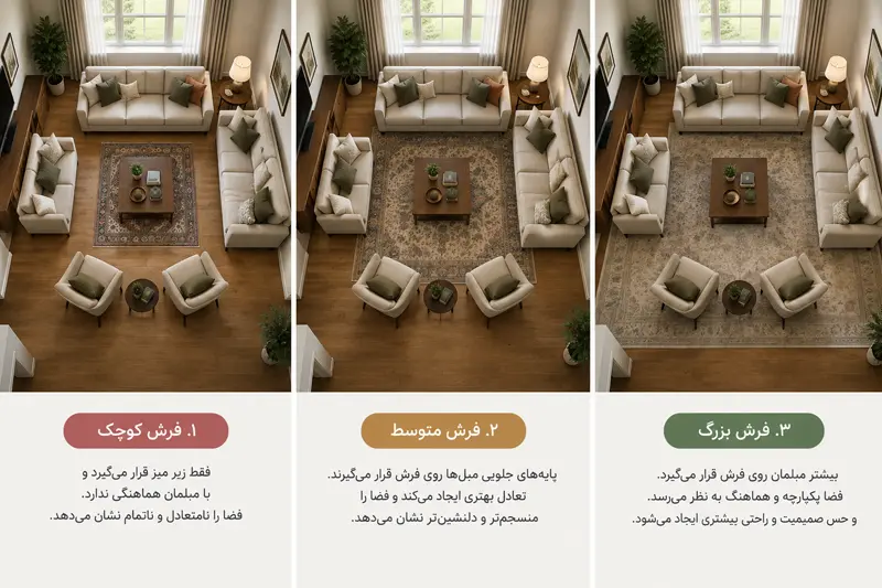 مقایسه اندازه کوچک متوسط و بزرگ فرش در پذیرایی و تاثیر جایگیری فرش زیر مبلمان