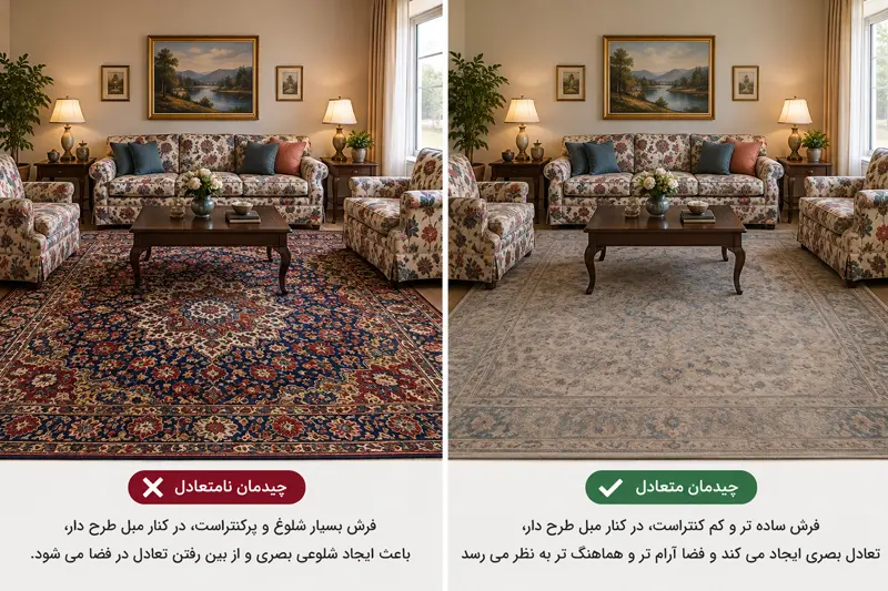 مقایسه ست کردن مبل طرح دار با فرش شلوغ و فرش ساده برای ایجاد تعادل بصری در دکوراسیون پذیرایی