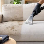 لکه های زرد و قهوه ای روی مبل پارچه ای پس از شستشو در کنار عملیات استخراج آب با دستگاه مبل شویی