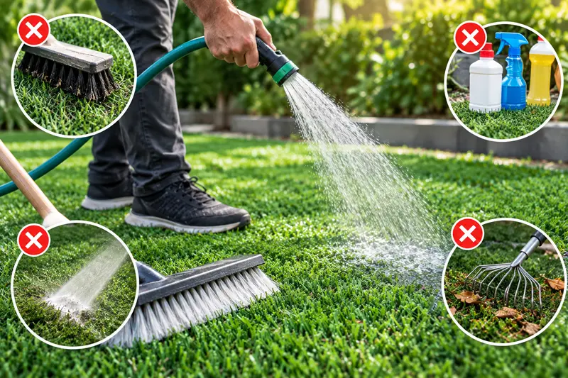اشتباهات رایج در تمیز کردن چمن مصنوعی و روش صحیح شستشو و برس کشیدن آن