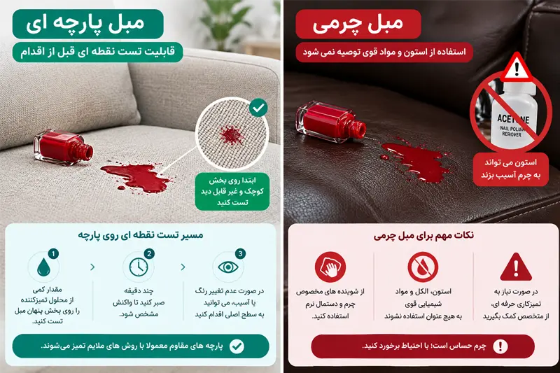 مقایسه روش پاک کردن لکه لاک از مبل پارچه ای و چرمی و هشدار استفاده از استون روی چرم