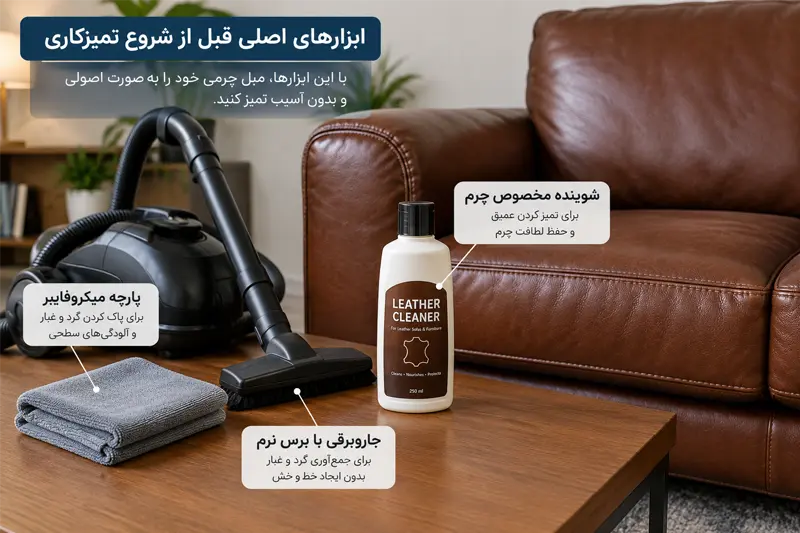 ابزارهای لازم برای شستشوی مبل چرم شامل دستمال میکروفایبر، جاروبرقی با برس نرم و شوینده مخصوص چرم